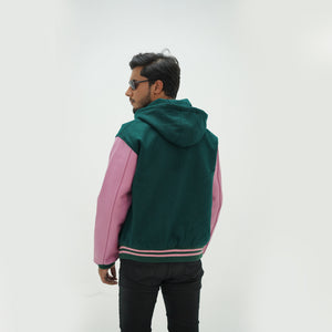 Back view of dark green varsity letterman jacket with hood showing premium Melton wool body construction