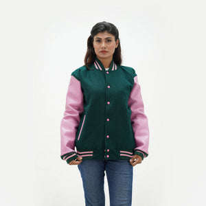 Dark green Melton wool body women's baseball varsity jacket with leather sleeves - front view showing snap button closure and ribbed collar