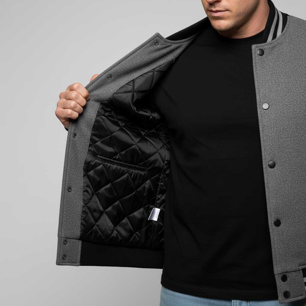Person wearing a gray jacket with quilted black lining, standing against a plain background