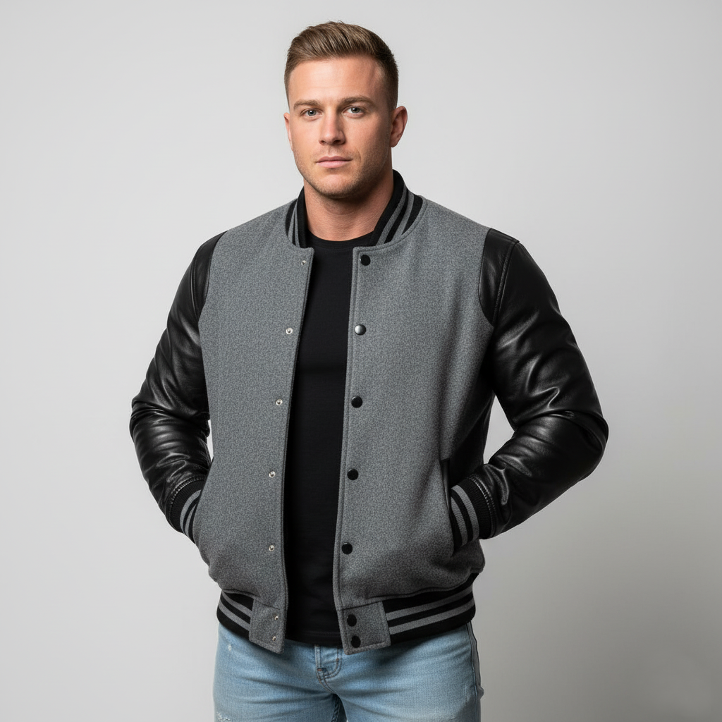 Man wearing a gray varsity jacket with black leather sleeves on a light gray background
