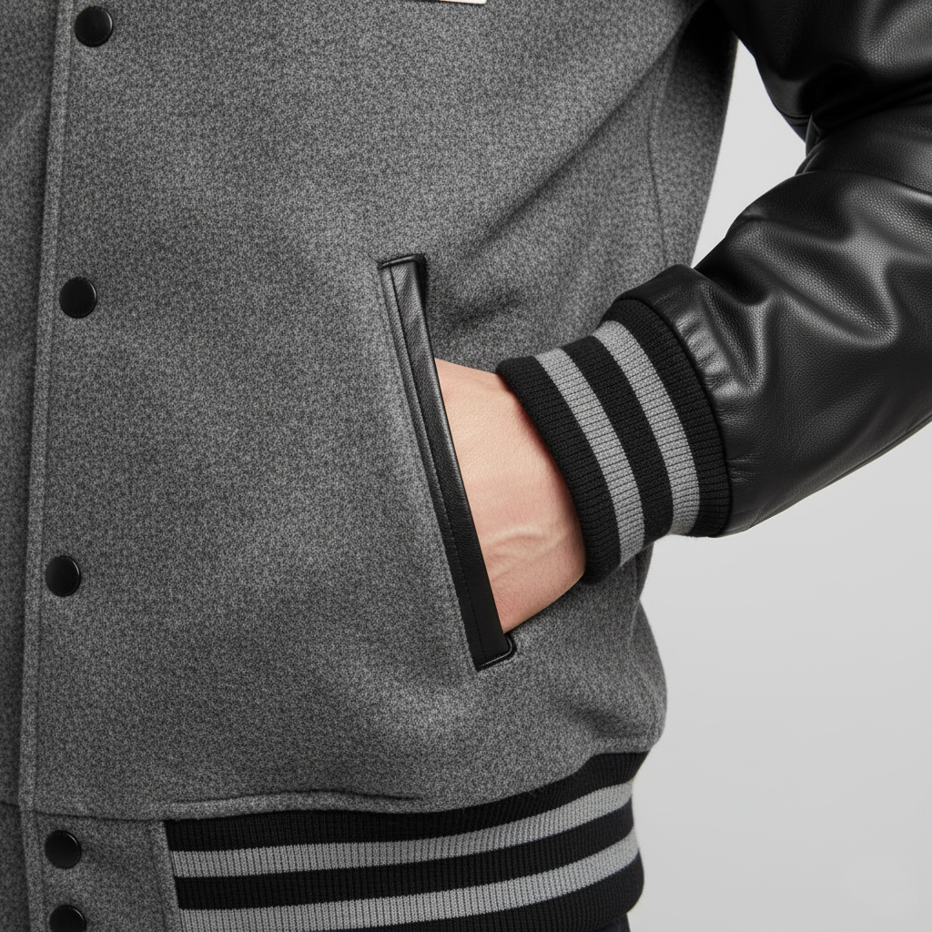 Gray varsity jacket with black and gray striped sleeves on a neutral background
