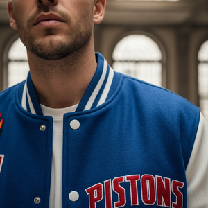 Man wearing a blue letterman jacket with 'PISTONS' text in a blurred indoor setting