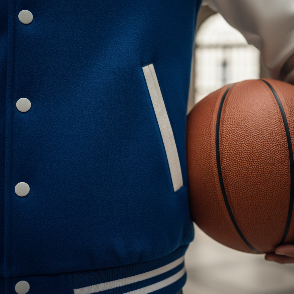 Person wearing a blue varsity jacket holding a basketball indoors.