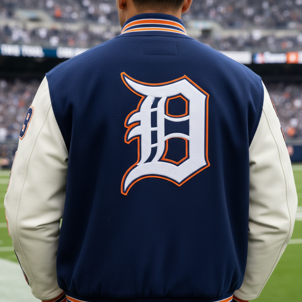 Person wearing a navy blue and beige letterman jacket with a large 'D' logo, standing on a sports field.