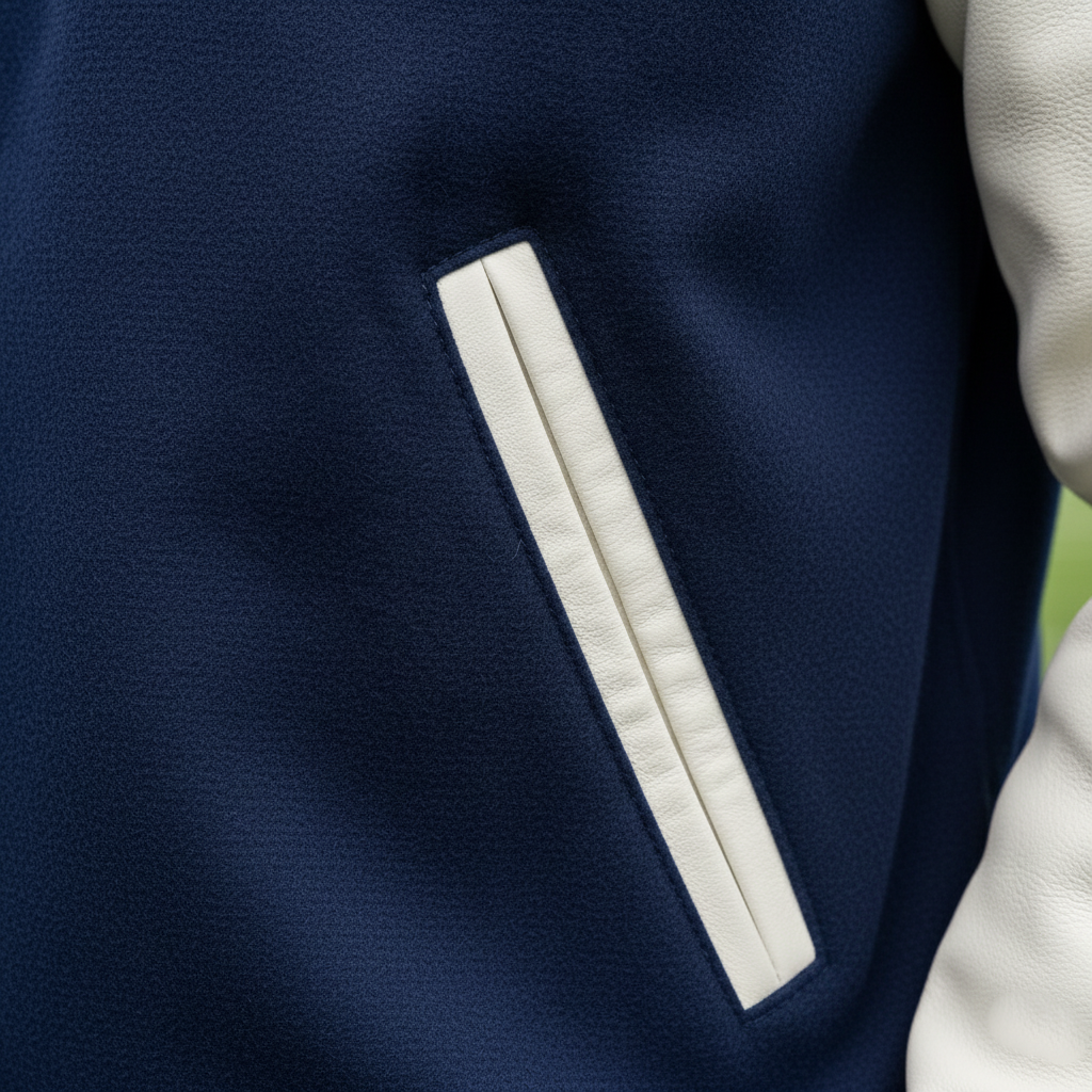 Close-up of a navy blue fabric with a white stripe