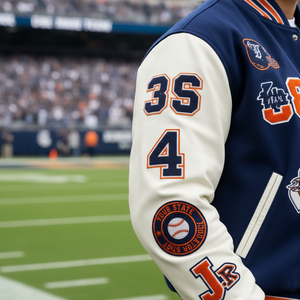 Navy and white varsity jacket with numbers and logos on a sports field background