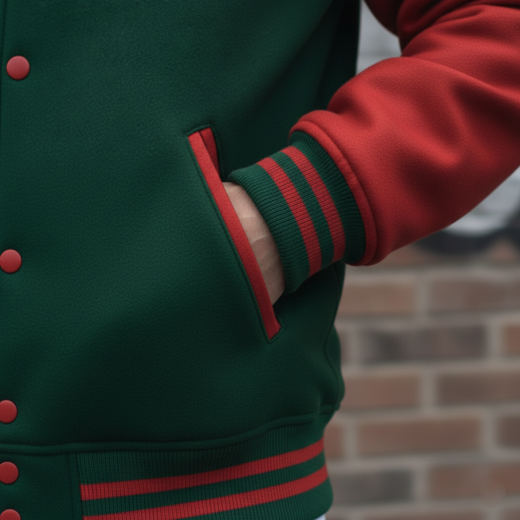 Detailed view of sleeve on discount varsity jacket with premium embroidered finish