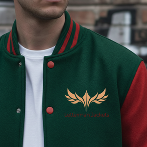 Close-up of discount varsity jacket sleeve featuring logo embroidery and quality stitching detail