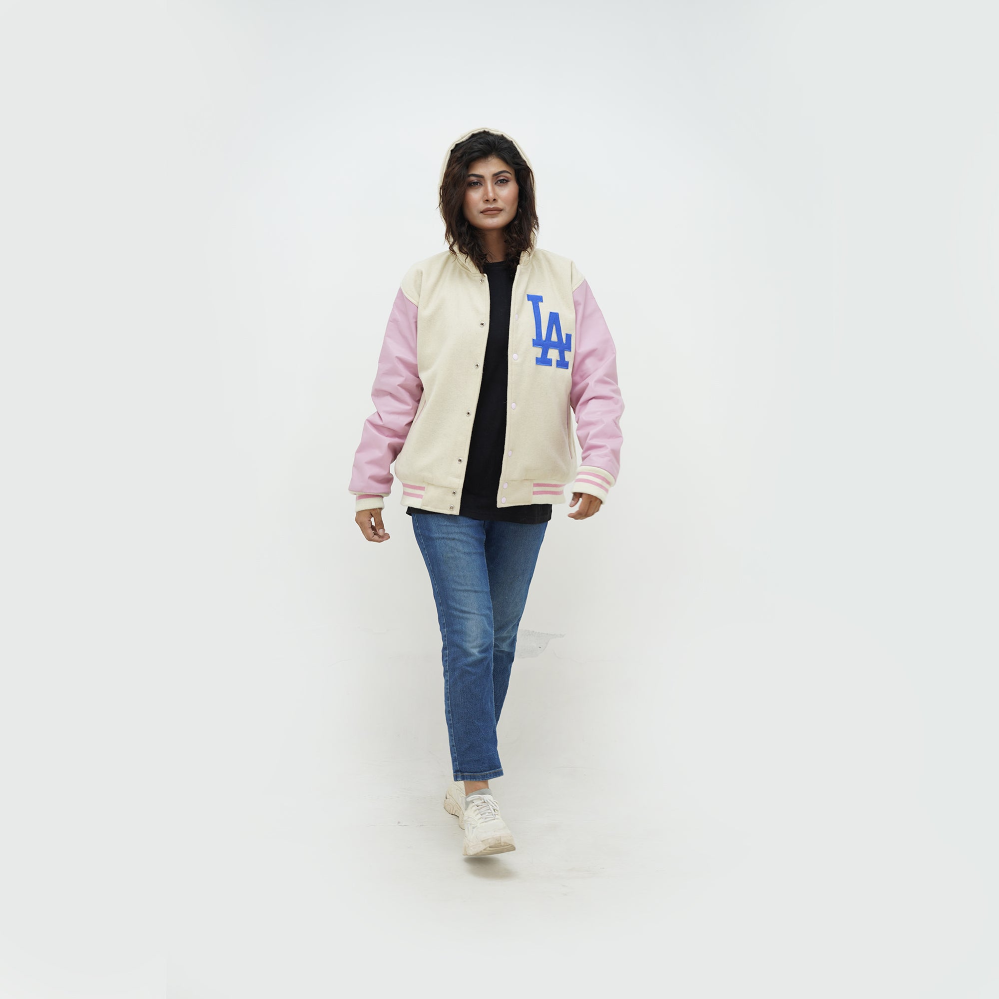 Front view of Dodgers letterman jacket with snap button closure and striped trim on ribbed hood cuffs and waistband for LA fans