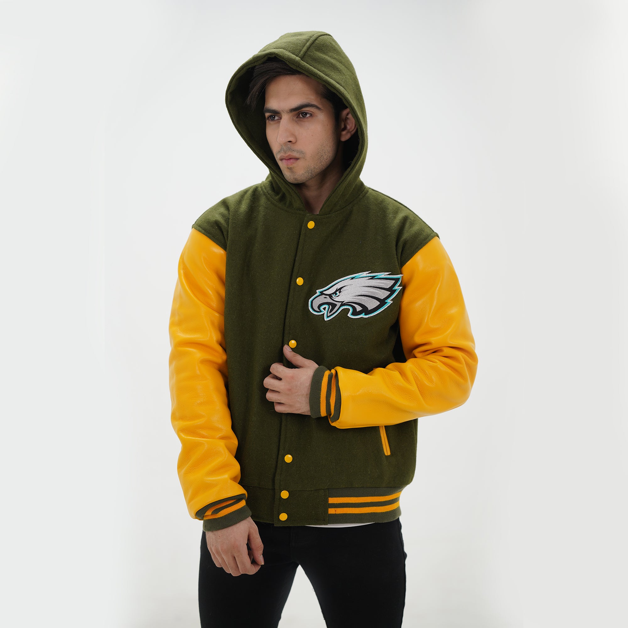 Close up of Eagles hooded jacket ribbed knit hood, waistband and cuffs with midnight green black team color detailing