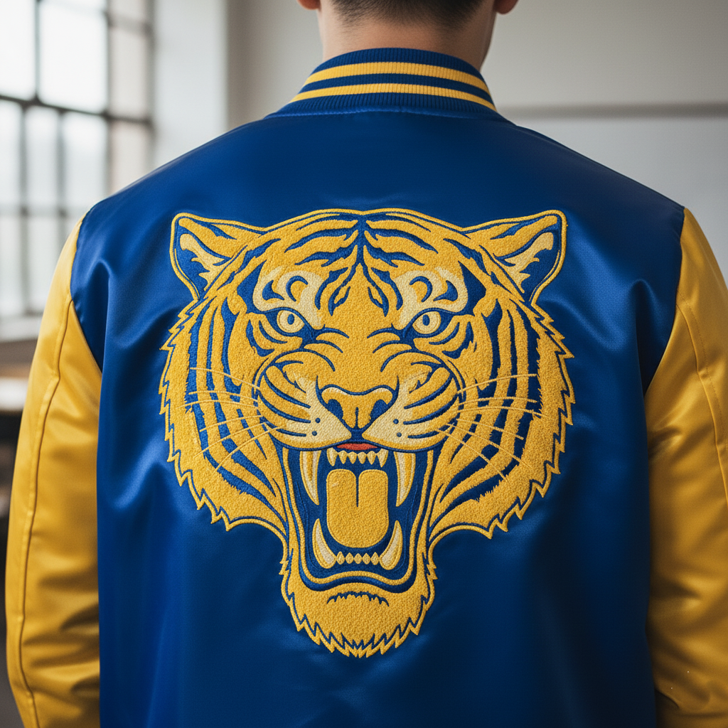 Back view of embroidered satin bomber jacket showing custom varsity design and trendy styling