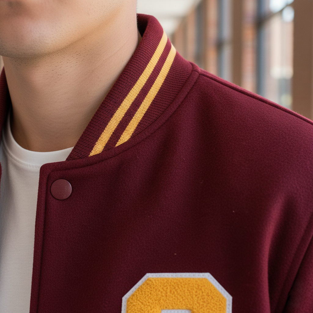 Maroon varsity jacket with gold accents worn by a person indoors.