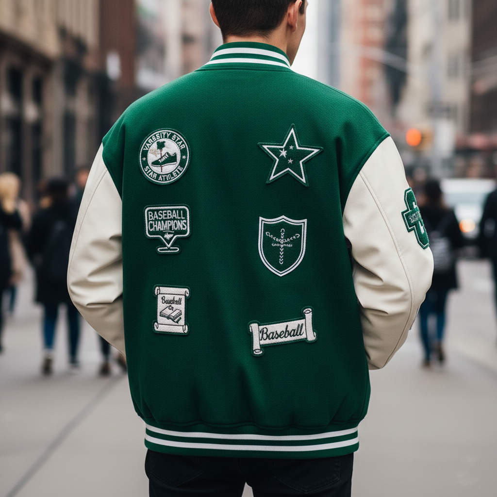 Back view of Erome achievement award letterman jacket displaying varsity patches and embroidered details