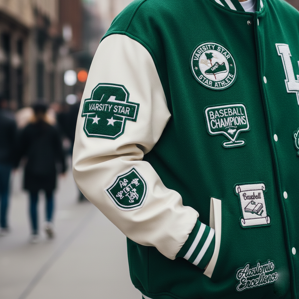 Green and white varsity jacket with patches on a blurred street background
