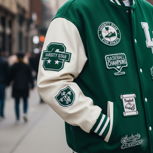 Green and white varsity jacket with patches on a blurred street background