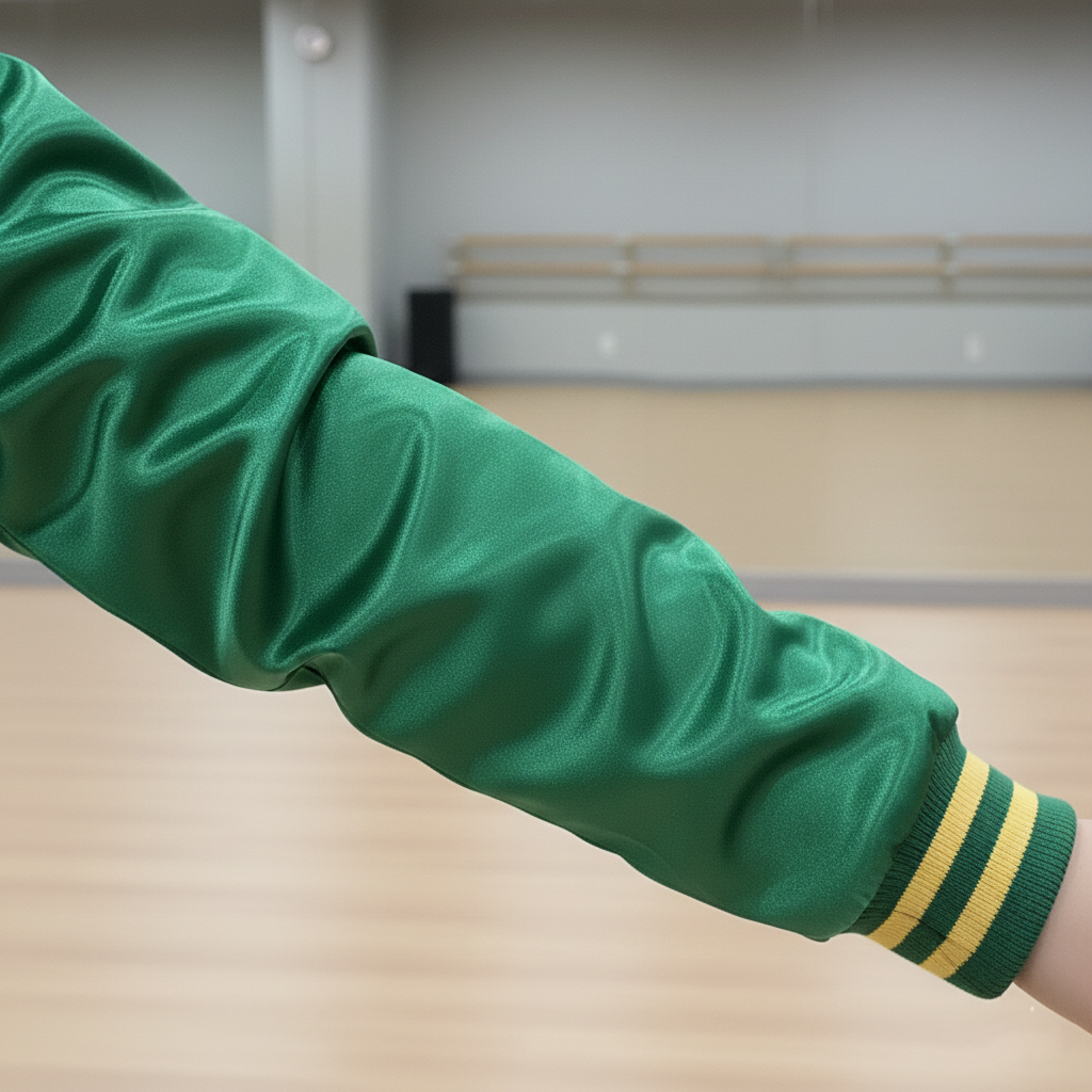 Green arm sleeve with yellow stripe on a blurred indoor background