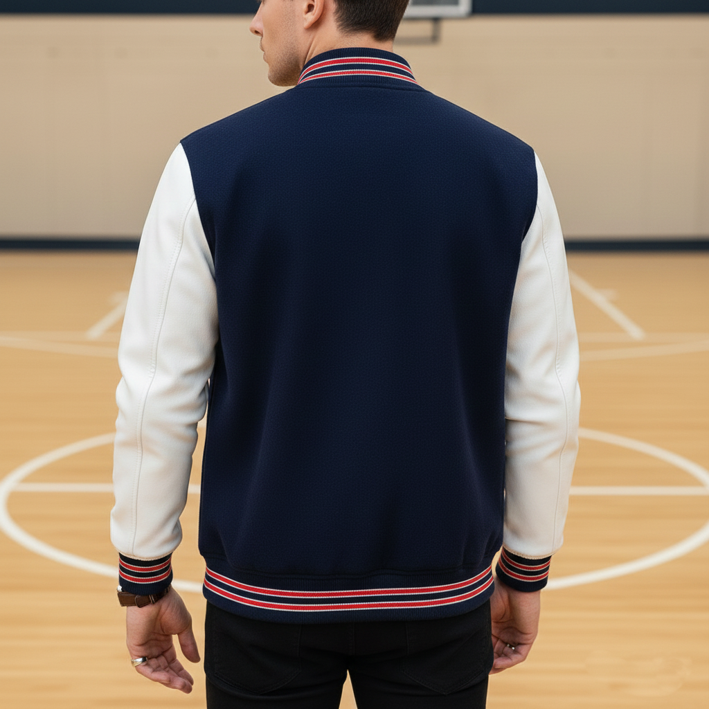 Person wearing a navy and white varsity jacket on a basketball court