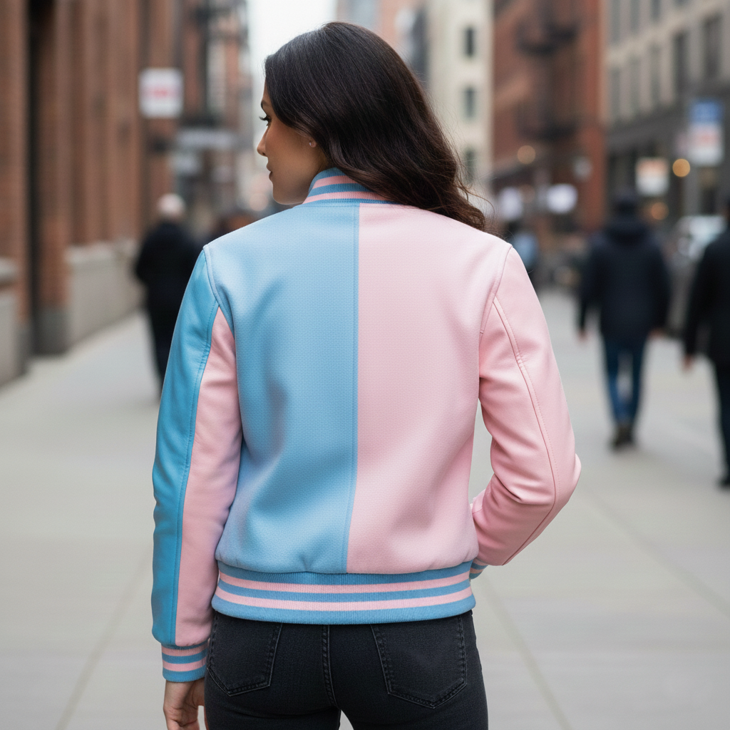 Full body display of fitted letterman jacket for girls and teens showcasing complete trendy everyday fit, pink-blue color scheme, and tailored silhouette