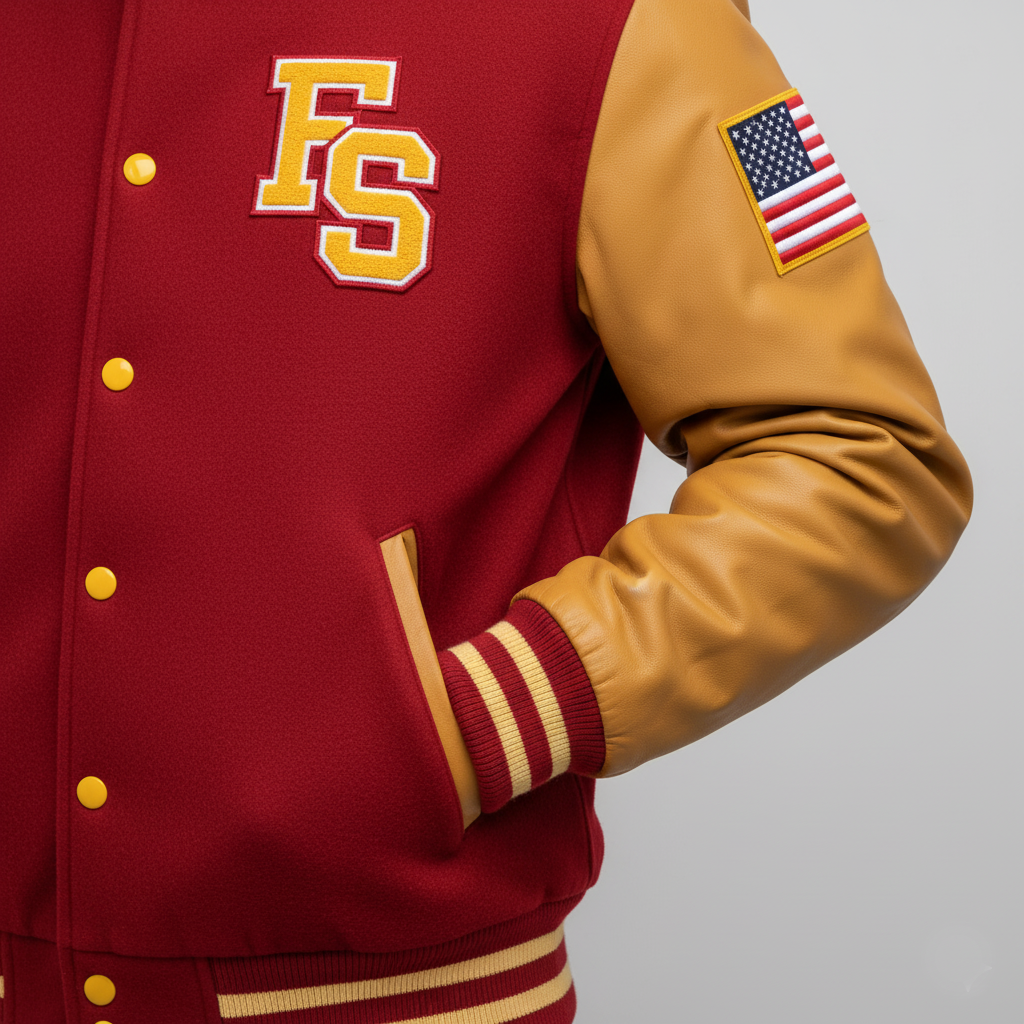 Red and gold varsity jacket with 'FS' logo and American flag patch on a gray background