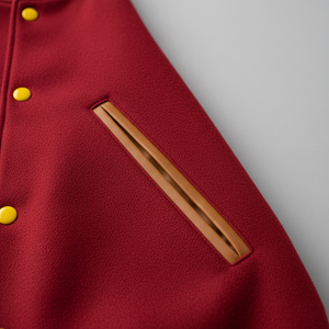 Red jacket with yellow buttons and a brown patch on a gray background