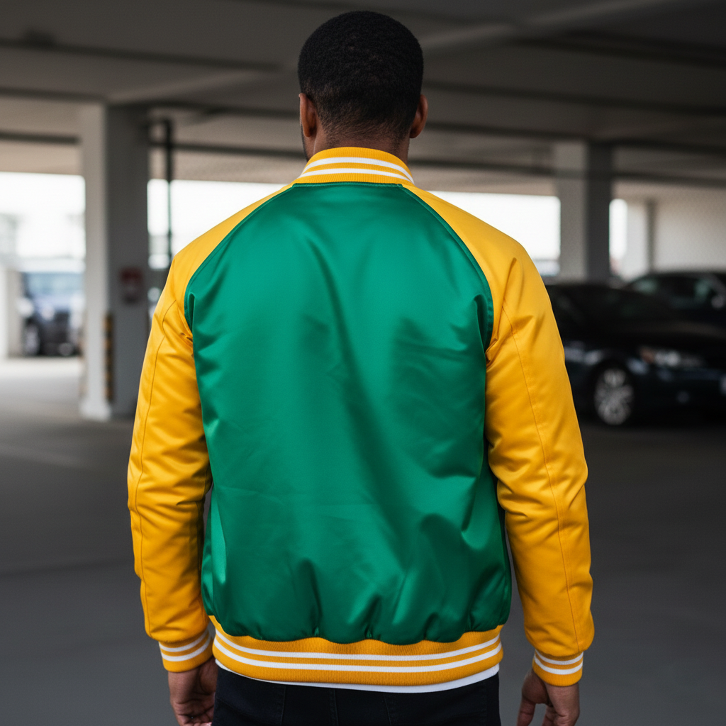 Back view of football letterman jacket showing durable construction and stylish varsity design for fans