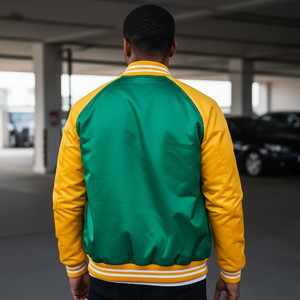 Back view of football letterman jacket showing durable construction and stylish varsity design for fans