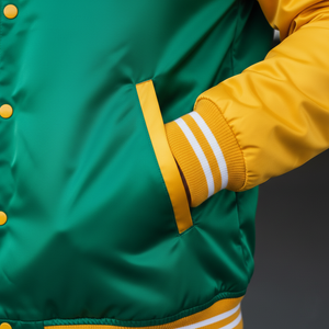 Close-up of football letterman jacket LJ initials embroidery and durable stitching perfect for football fans