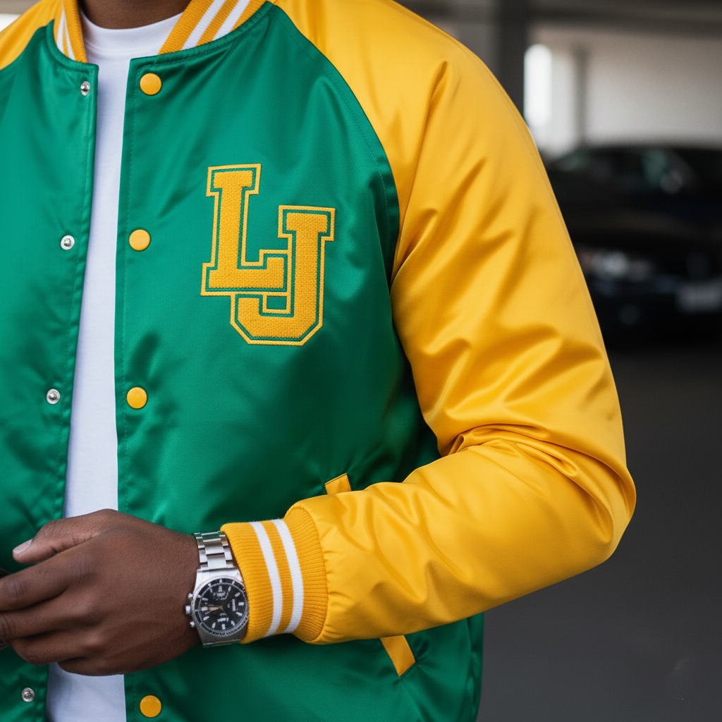 Side profile of football letterman jacket highlighting stylish fit and durable materials for football enthusiasts