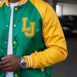Side profile of football letterman jacket highlighting stylish fit and durable materials for football enthusiasts