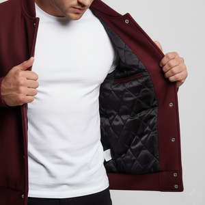 Person wearing a burgundy jacket with a white shirt underneath, showing quilted black lining.