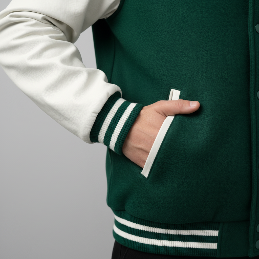 Green varsity jacket with white accents on a gray background