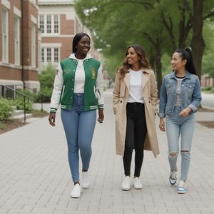 Three women walking together on a sidewalk with a building and trees in the background