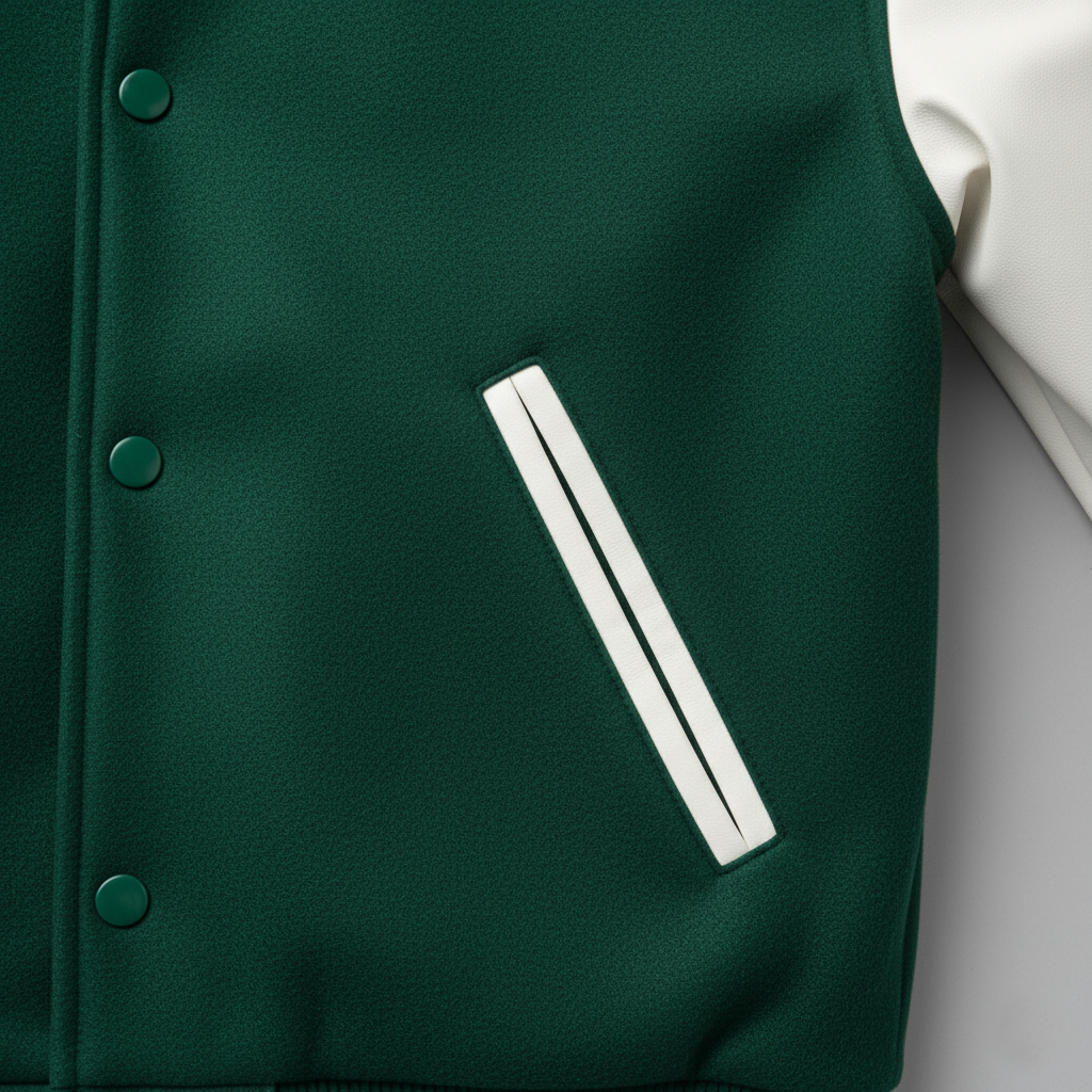 Green varsity jacket with a white stripe on a gray background