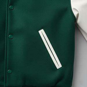 Green varsity jacket with a white stripe on a gray background