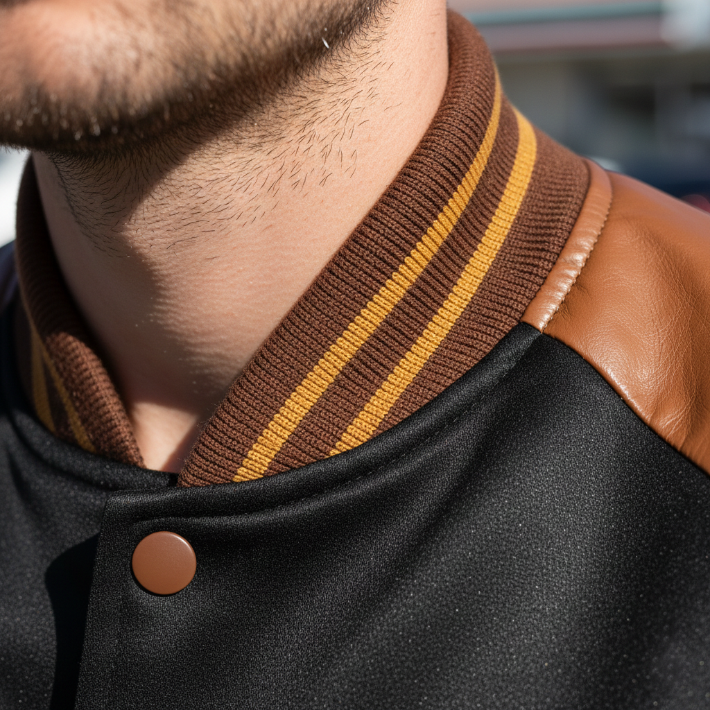 Close-up of a person wearing a black jacket with brown and yellow striped collar and leather sleeves.