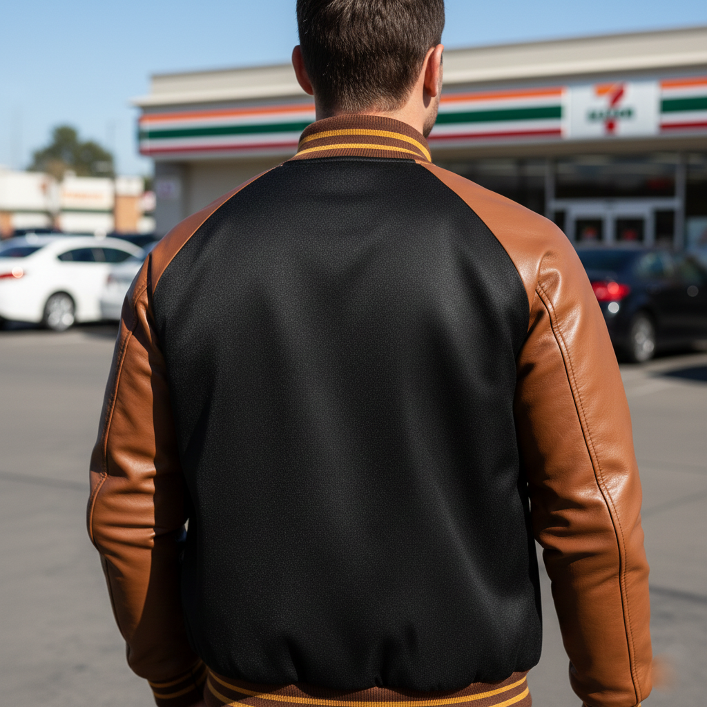 Person wearing a black and brown varsity jacket in front of a 7-Eleven store.