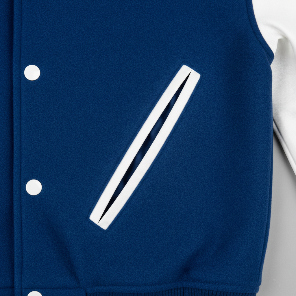 Blue letterman jacket with a white pocket emblem on a white background