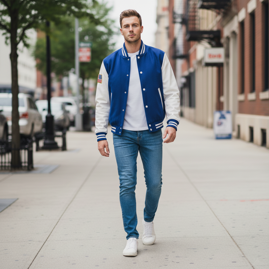 Man wearing a blue and white varsity jacket on a city street