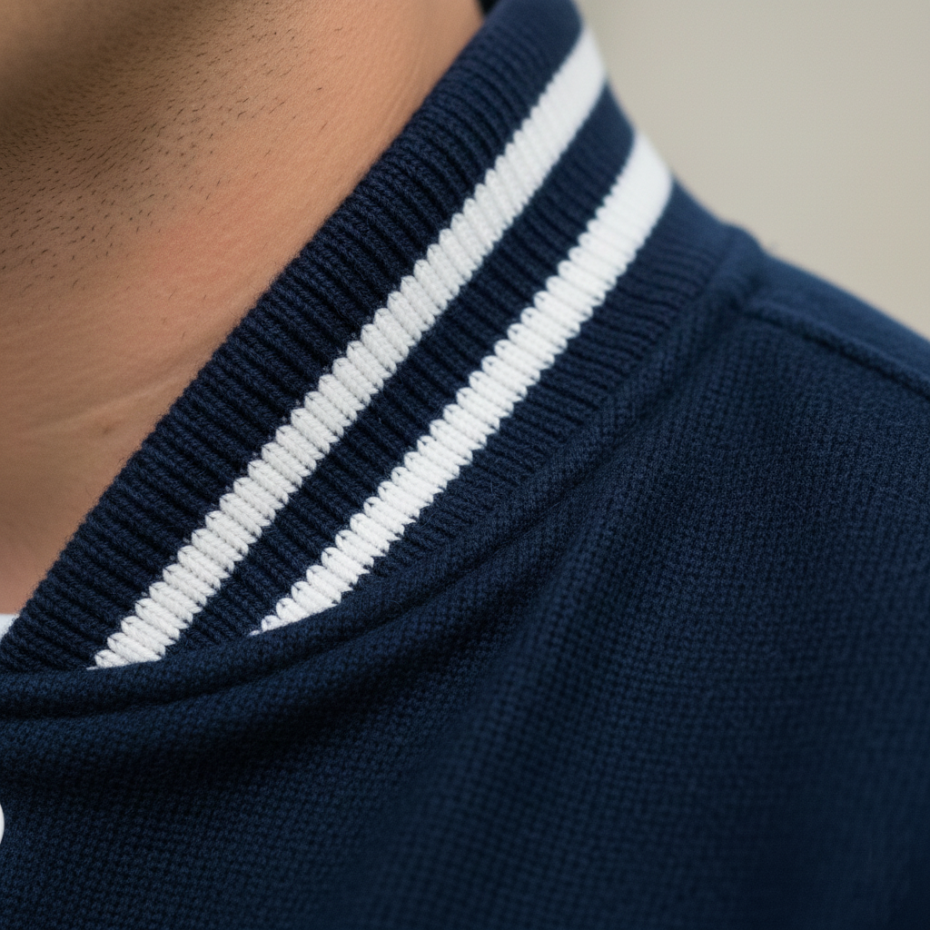Close-up of a navy blue sweater with white stripes on the collar against a neutral background