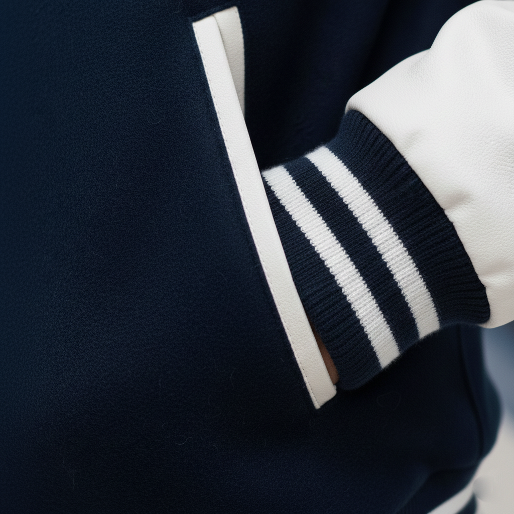 Close-up of a navy blue jacket with white stripes on a blurred background