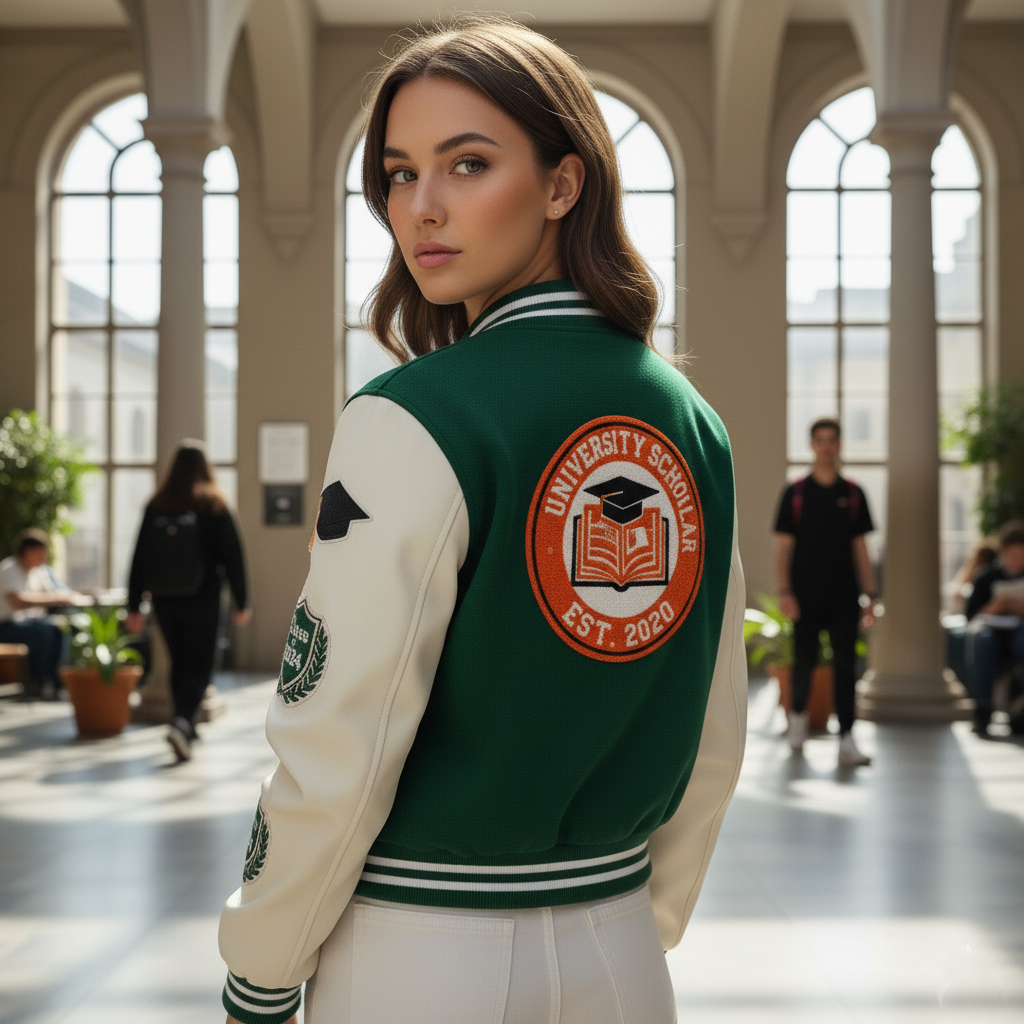 Woman wearing a green and white varsity jacket with a university emblem in an indoor setting.