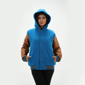 Close-up of girls hooded letterman jacket drawstring hood and leather sleeve contrast detail