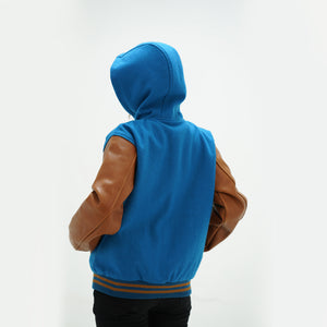 Back view of girls letterman hooded jacket displaying wool body construction and leather sleeves with ribbed waistband