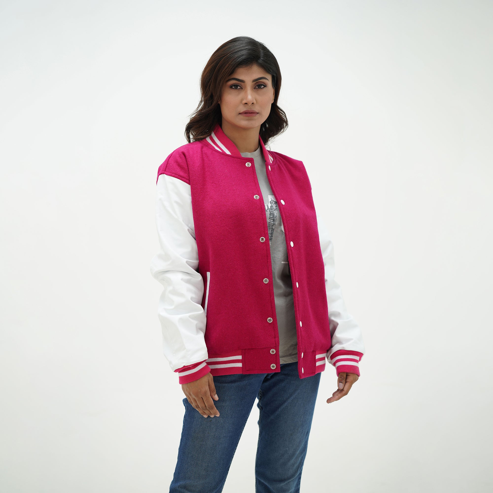 Girls pink letterman jacket with genuine white leather sleeves - classic ribbed cuffs and collar design
