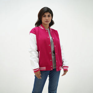 Girls pink letterman jacket with genuine white leather sleeves - classic ribbed cuffs and collar design