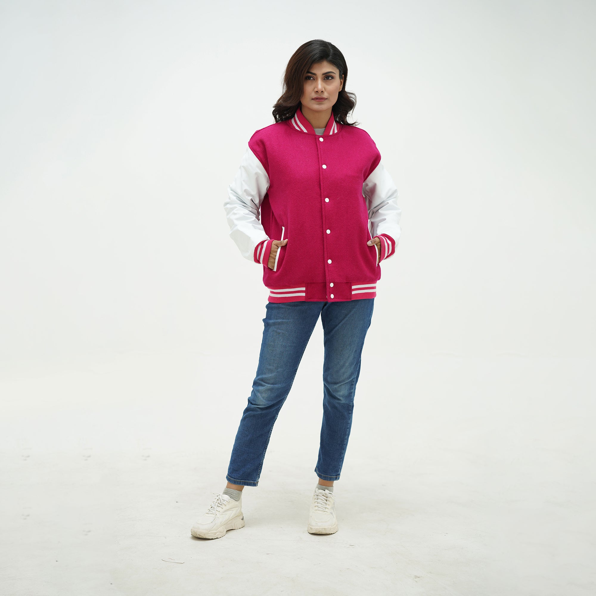 Girls wool varsity jacket in pink and white - custom embroidery options for school name and team logos