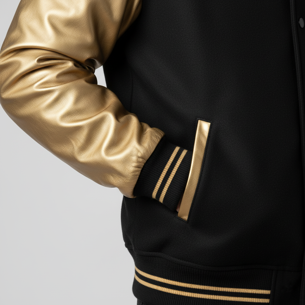 Black jacket with gold sleeves and accents on a light gray background