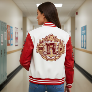 Back view of Grease varsity jacket displaying red Melton wool body, red genuine leather sleeves, ribbed waistband, and premium stitching construction