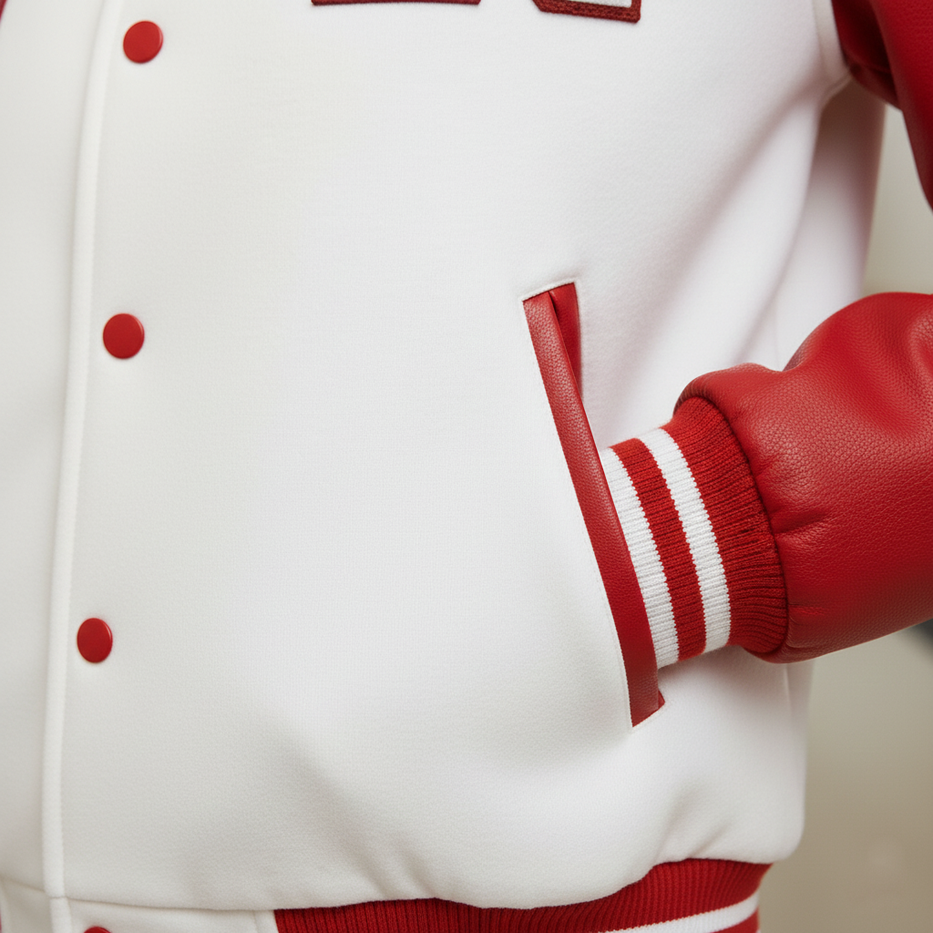 White varsity jacket with red accents and a red glove on a neutral background