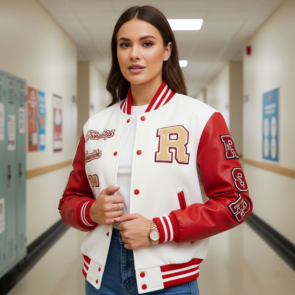 Woman wearing a red and white varsity jacket in a school hallway